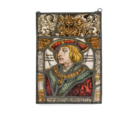 A Leaded Stained Glass Panel, decorated with a bust portrait of Emperor Maximilian I after Albrecht Durer and with the arms o