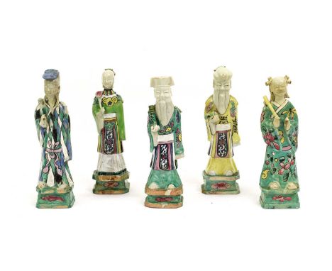 A Set of Five Chinese Porcelain Figures of Immortals, 18th century, painted in coloured enamels25cm highFemale immortal in tu