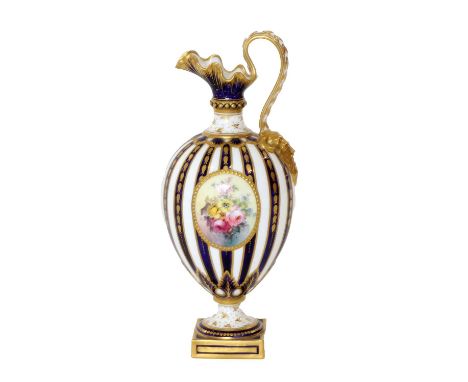 A Royal Crown Derby Porcelain Pedestal Ewer, 1901, painted with a spray of flowers in an oval panel on a blue and gilt stripe