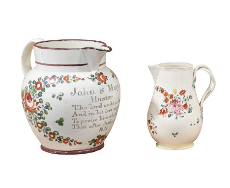 A Creamware Jug, dated 1824, of ovoid form, inscribed John &amp; Mary Hunter/The Lord Unite Us Both In One ... 1824 with a fo