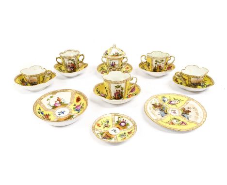 A Meissen Style Porcelain Chocolate Cup, Cover and Trembleuse Stand, circa 1900, painted with 18th century figures in landsca