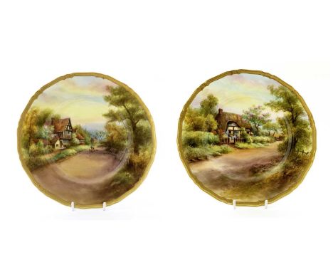 A Pair of Royal Worcester Porcelain Plates, by Raymond Rushton, 1938, painted with views of "Harrington" and "Cropthorne" wit