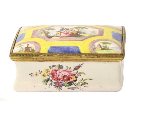 A Gilt Metal Mounted South Staffordshire Enamel Snuff Box and Hinged Cover, circa 1780, painted with figures in landscape in 