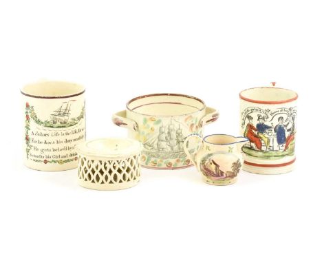 A Creamware Mug, circa 1790, of cylindrical form, printed and overpainted with a sailing ship and swag over a nautical verse9