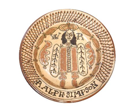 A Slipware Charger, 20th century, decorated with a portrait of William III, inscribed WR, Ralph Simpson47cm diameterNo chips,