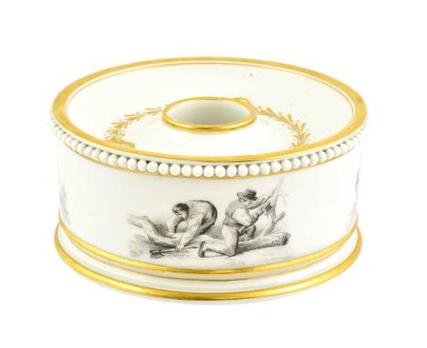 A Worcester Barr Period Porcelain Drum Inkwell, circa 1800, with central well and three pen holders, printed en grisaille wit