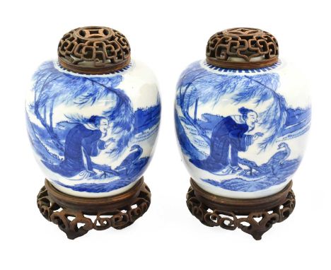 A Pair of Chinese Porcelain Ginger Jars, Kangxi reign marks but not of the period, painted in underglaze blue with a man and 