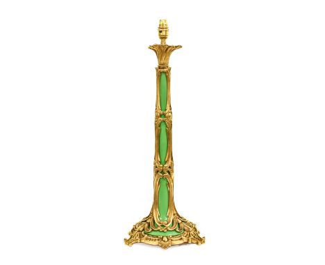 A French Gilt Metal Mounted Green-Glazed Pottery Lamp Base, circa 1900, of tapering cylindrical form with leaf-cast sconce, t