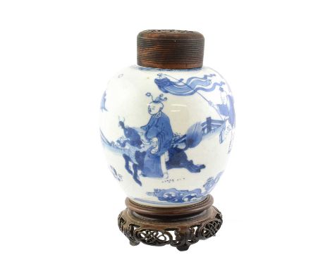 A Chinese Porcelain Ginger Jar, in Kangxi style, painted in underglaze blue with a procession of figures one riding a kylin15