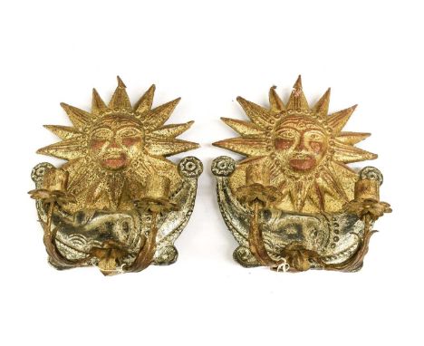 A Pair of Gilt and Silvered-Wood Twin-Light Wall Sconces, issuing from a sun burst over a crest moon, both with faces29cm hig
