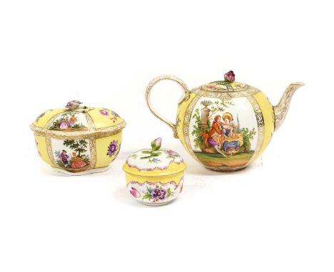 A Meissen Porcelain Outside Decorated Teapot and Cover, late 19th century, of ovoid form, painted with 18th century lovers in