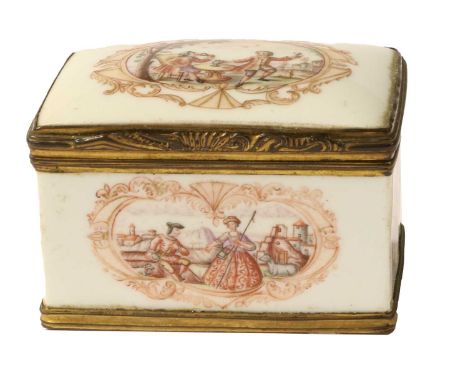 A Gilt Metal Mounted German Porcelain Snuff Box and Cover, circa 1770, of rectangular form, painted with romantic figures wit