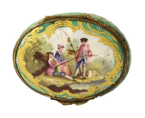 A Metal-Mounted South Staffordshire Enamel Snuff Box and Hinged Cover, circa 1770, of oval form, painted with figures fishing
