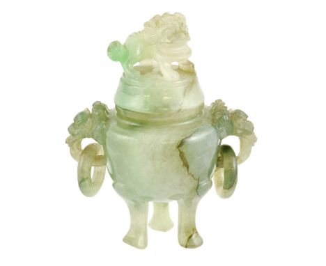 A Chinese Jade Censer and Cover, of ovoid form with mythical beast knop and mask and ring handles on tripod base6cm highNatur