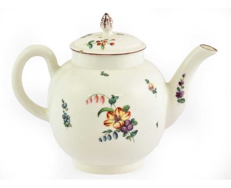A Derby Porcelain Teapot and Cover, circa 1770, of ovoid form, painted with flowersprays and scattered sprigs within brown li
