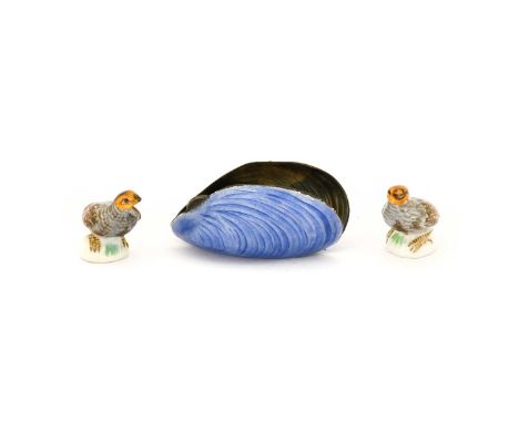 A Pair of Meissen Porcelain Miniature Quail, late 19th/20th century, naturalistically modelled and painted, crossed swords ma