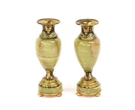 A Pair of French Champleve Enamel-Mounted Onyx Urns, circa 1900, of baluster form and decorated with panels of stylized folia