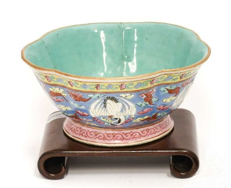 A Chinese Porcelain Bowl, Tongzhi reign mark and probably of the period, of cinqfoil form painted in famille rose enamels wit