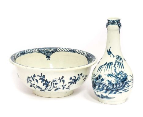 A Worcester Porcelain Matched Guglet and Basin, circa 1760, painted in underglaze blue with the Willow Bridge Fisherman patte