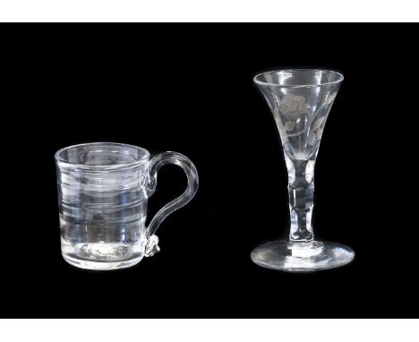 A Jacobite Drinking Glass, circa 1780, the trumpet bowl engraved with a rose and bud on a faceted stem10cmA Small Mug, in Lyn