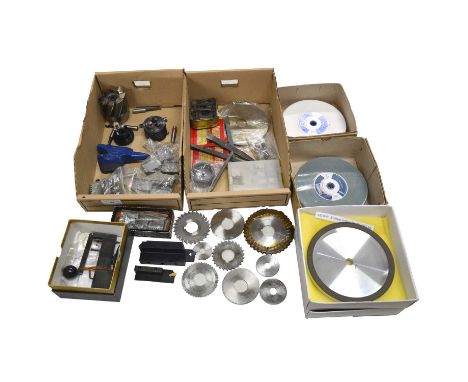 Quantity of tools, including clamp set, optical centre punches, parting off cutters, rivet embossing press, chuck removal wed