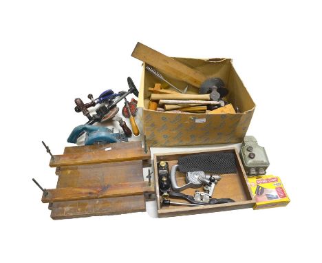 A quantity of tools, and wood working accessories including mallets, hand drills, press, rules, etc.