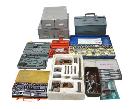 Two sets of metal drawers, metal tool box and contents, socket sets and other tools