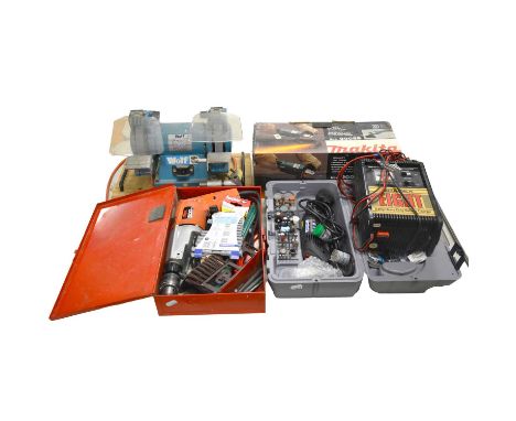 Wolf bench grinder; Makita disc grinder; Dremel multi tool, Bradex battery charger.