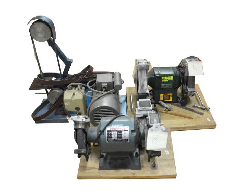 Record Power RPBG8 bench grinder, Pinnacle bench grinder and a Startac belt sander.