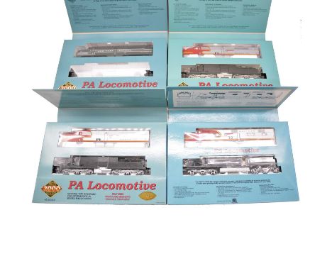 Proto 2000 HO gauge model railway diesel locomotives, four including Santa Fe A1A-A1A E6 no.12, silver and red livery; Santa 