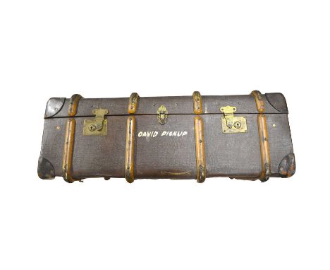 Large vintage travel truck with wooden banding and leather corners, length 92cm