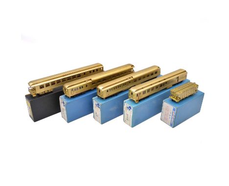 Brass HO gauge model railway passenger coaches and freight wagons, five including Lambert Associates standard observation coa