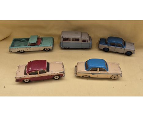A group of five Dinky Toys die cast model vehicles  comprising of a 176 austin a105, a 165 humber hawk, a 449 chevrolet el ca
