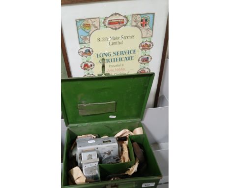 A vintage bus conductor's ticket machine together with a framed Ribble Motor Services Limited long service certificate. .Note