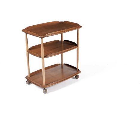 Lucian Ercolani for Ercol - Model no 458: An elm three-tier drinks trolley, the moulded rectangular tops on tapering supports