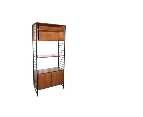 Ladderax by Staples: A retro modular wall unit shelf stacking system, comprising one bay of teak cupboards with ebonised meta