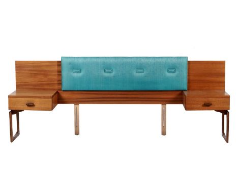 G Plan - Quadrille: A retro teak headboard, the central cushioned area upholstered in vibrant teal fabric, flanked by single 