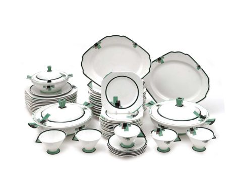 A Shelley Art Deco Vogue Green Blocks pattern part dinner and tea service, pattern number 11758, each piece with geometric de