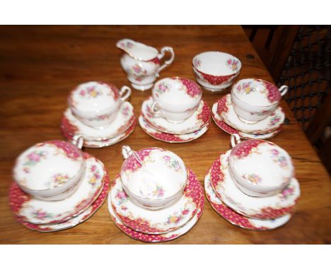 Paragon china tea set, rocking pattern, 6 cups, 6 saucers, cream &amp; sugar 