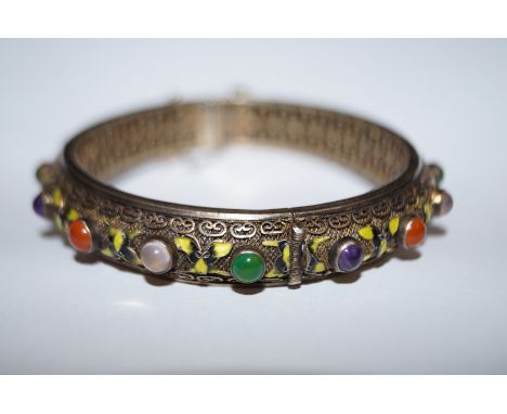 Vintage Chinese silver gilt and enamel bangle bracelet with various gemstones