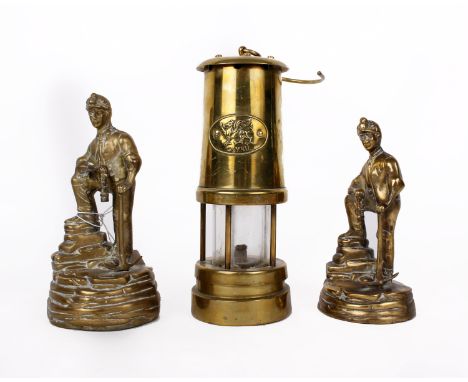 Vintage Brass Vale Metal Spinners Hirwaun Miners Lamp Cymru plus two brass miners 