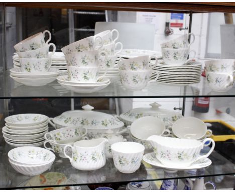 MINTON 'SPRING VALLEY' DINNER SERVICE, comprising two oval covered twin handled tureens,   dinner plates,  dessert plates,  s