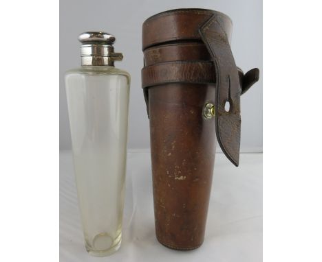 A glass and metal mounted hunting spirit flask, by James Dixon & Sons, of tapering form, with leather case, 17.5 cm long