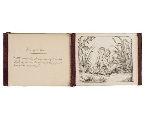 Manuscript . Merry Elves, circa 1870, story booklet containing eight pen &amp; ink drawings, with traces of pencil, on card r
