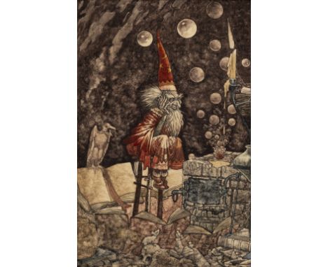 * Folkard (Charles, 1878-1963). The Wizard's Enchantments, pen, ink, and watercolour on artist's board, depicting a cavernous