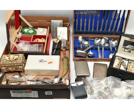 A BOX OF ASSORTED ITEMS, to include a wooden jewellery box with contents of costume jewellery, bangles, imitation pearl neckl