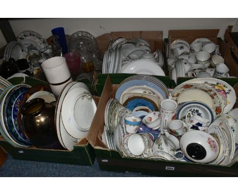 SEVEN BOXES OF CERAMIC TEA AND DINNER WARE AND GLASS WARE, to include tea and dinner ware by Coalport, Royal Doulton includin