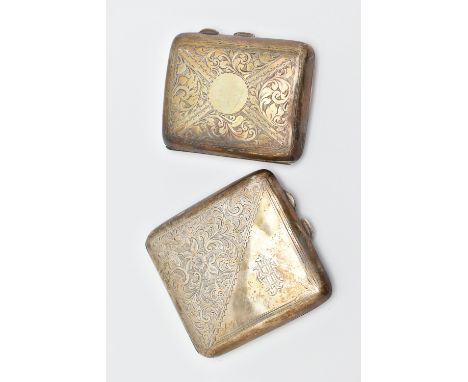 TWO SILVER CIGARETTE CASES, the first of a square form, foliage pattern with engraved cartouche, push button clasp, gilt inte