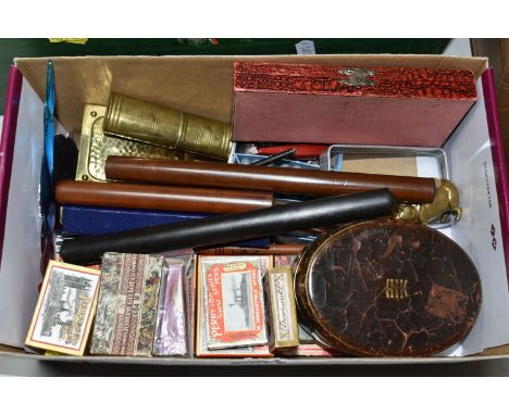 A BOX OF 19TH AND 20TH CENTURY WRITING RELATED ITEMS, including a Victorian oval leather and brass cased travelling inkwell o