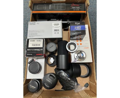 ONE BOX OF CAMERA EQUIPMENT, to include a Canon 50mm f1.4 standard lens, a boxed Viltrox Canon camera mount adaptor, Viltrox 